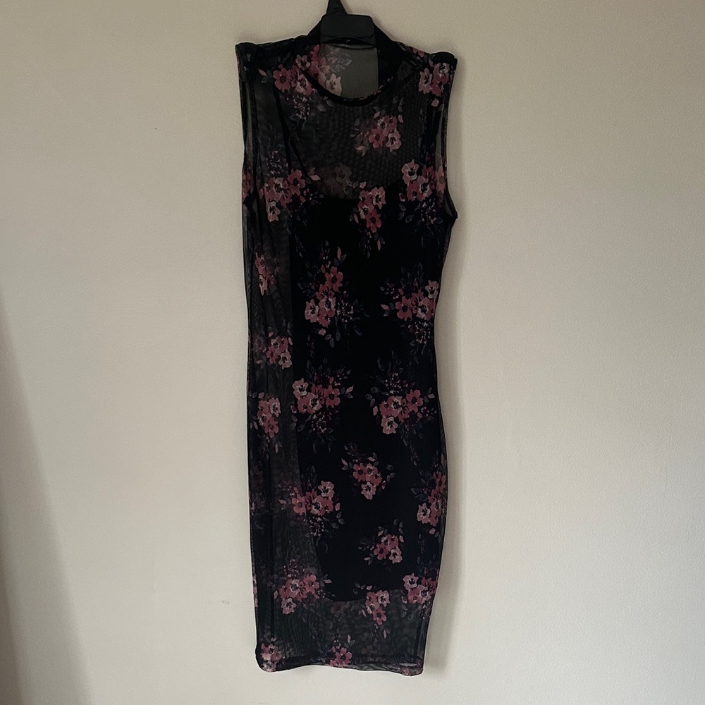 Charlotte Russe Black Mesh Midi Dress with Pink Floral Print - Picture 4 of 8